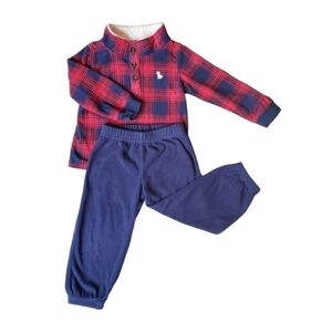 Carter's 2 piece fleece set- long sleeve red plaid pullover & blue fleece pants